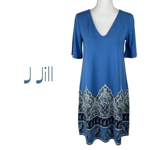 J Jill‎ Cobalt Blue With Floral Print Hem Shift Casual Dress NWOT Size XS - Picture 2 of 11